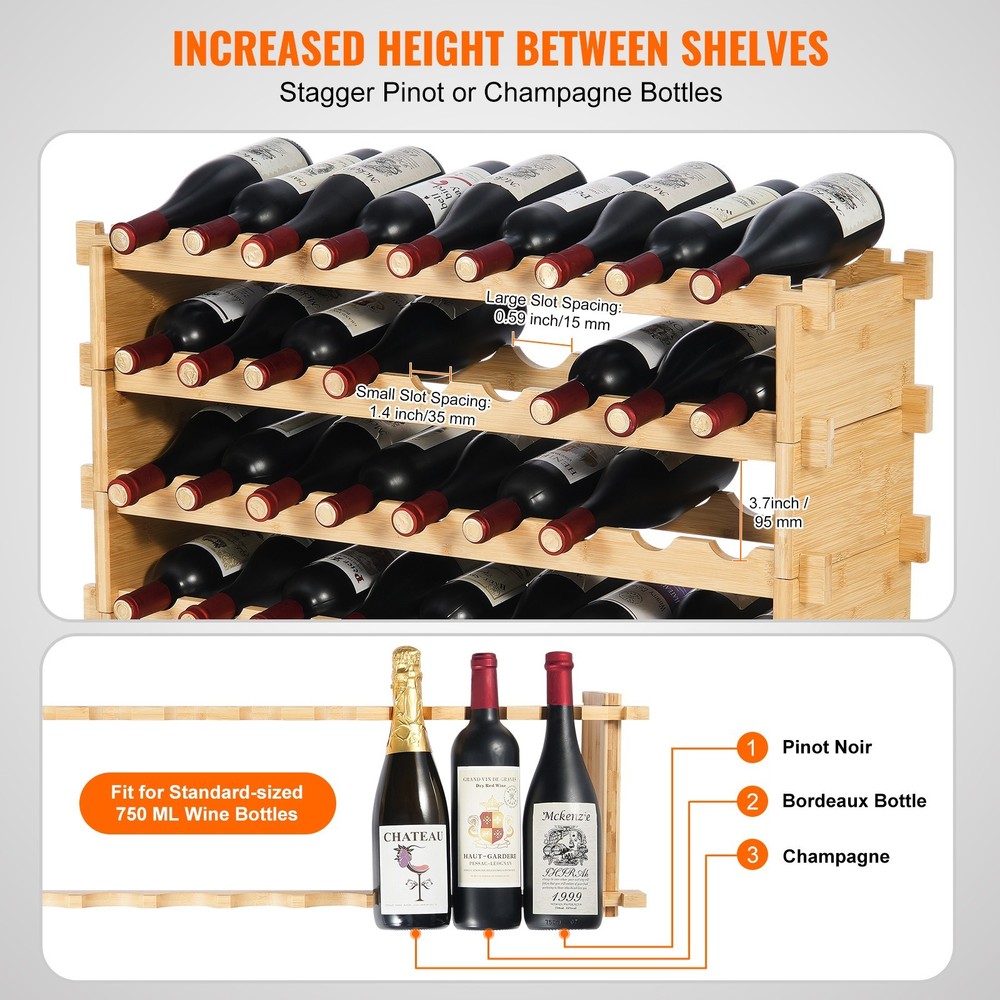 48-Bottle Stackable Bamboo Wine Rack, 6-Tier Modular Display Shelf