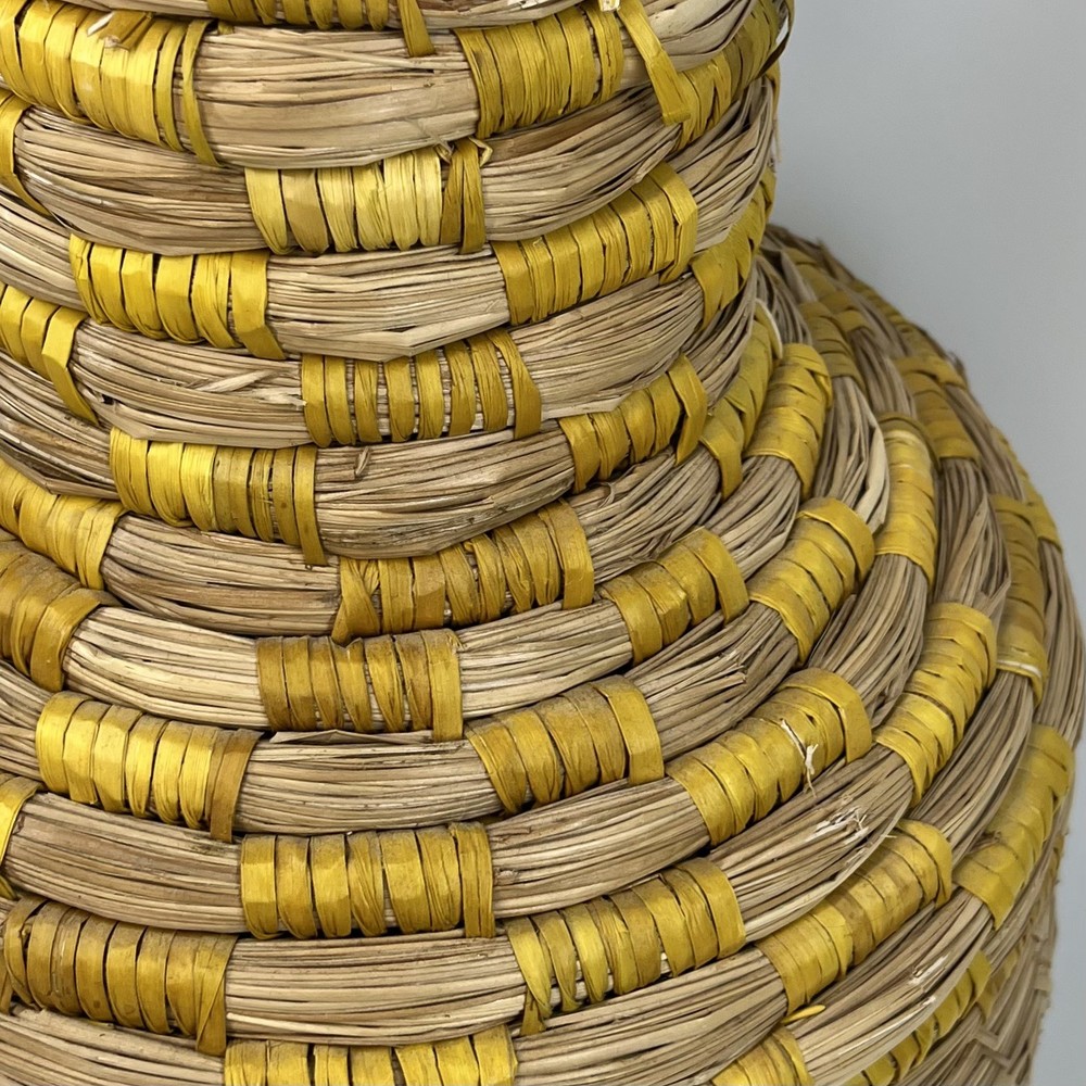Wicker Coiled Bottleneck Vase 14.5” Floor Tabletop Boho Decor Yellow Stripe