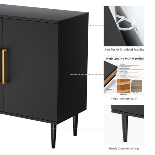 Modern Storage Cabinet, Free Standing Buffet Cabinet Sideboard and 1 Black