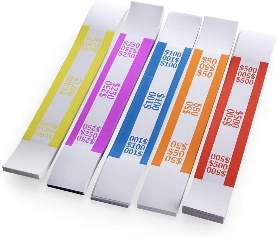 Currency Band Bundle: 250 Self-Sealing Straps in 5 Denominations for Secure Cash