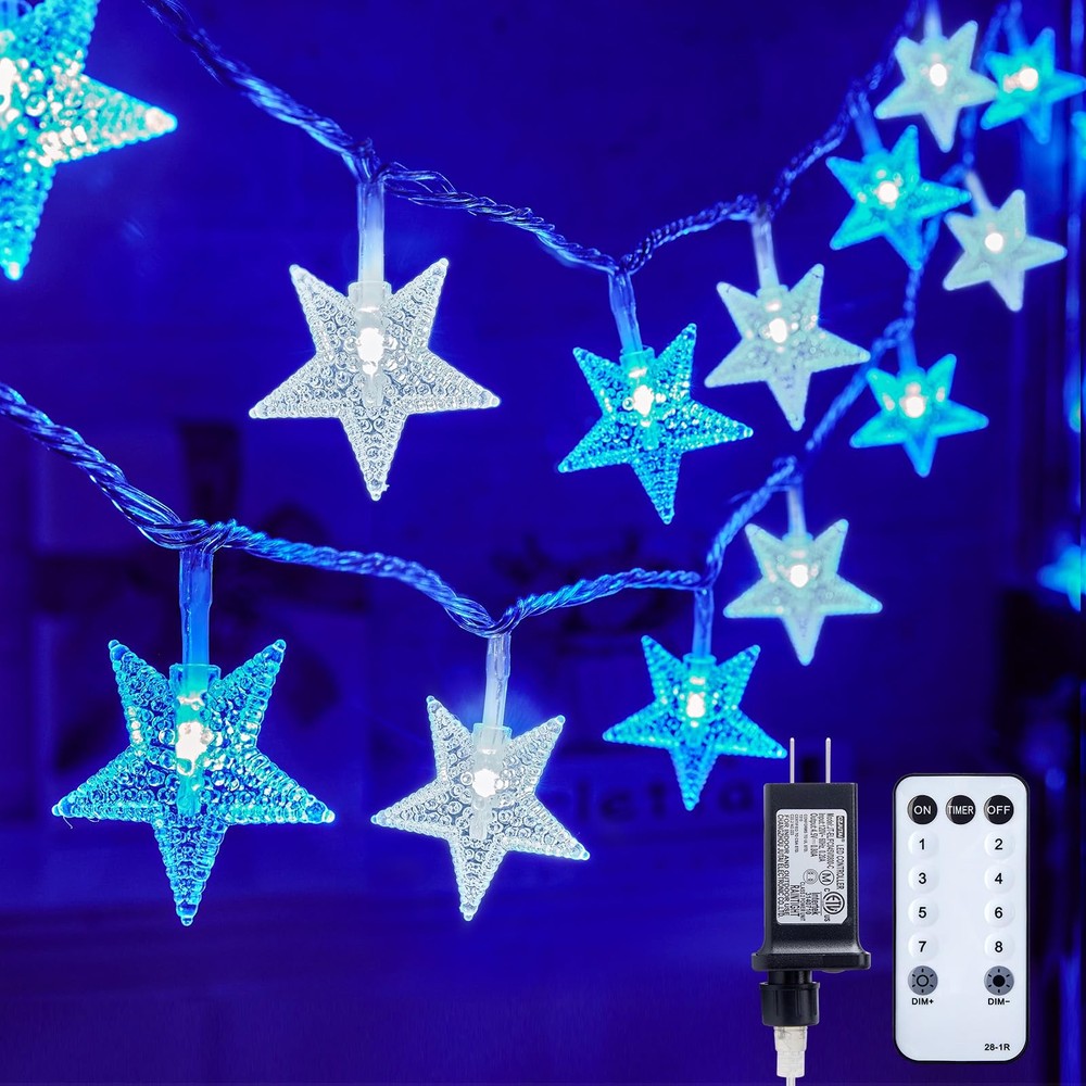 33Ft Blue Led Star String Lights With Remote Control And 8 Lighting Modes