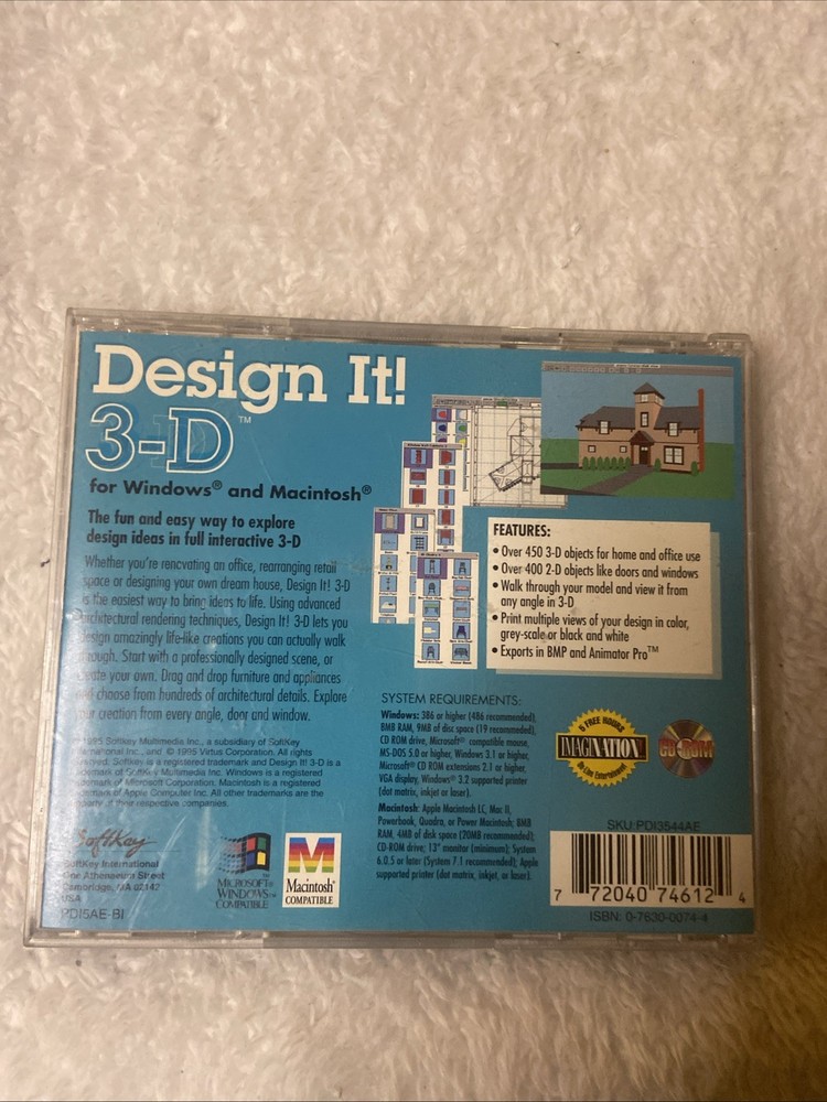 Design It 3D PC CD ROM VTG Softkey WIN MAC 1995 Interactive