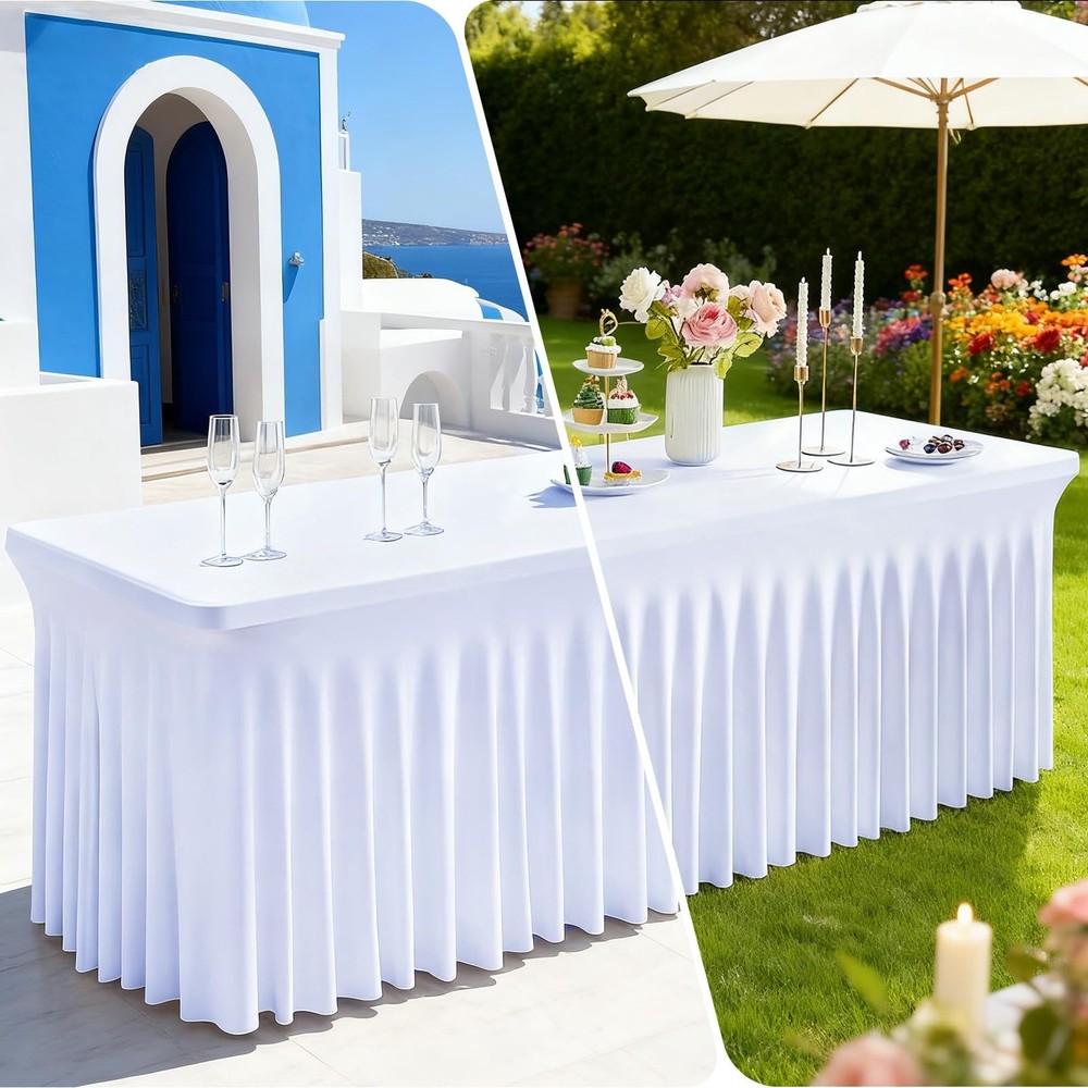 FAVE 2 Pack White Table Cloth Rectangle 6ft Table Cover Fitted Design Tables ...