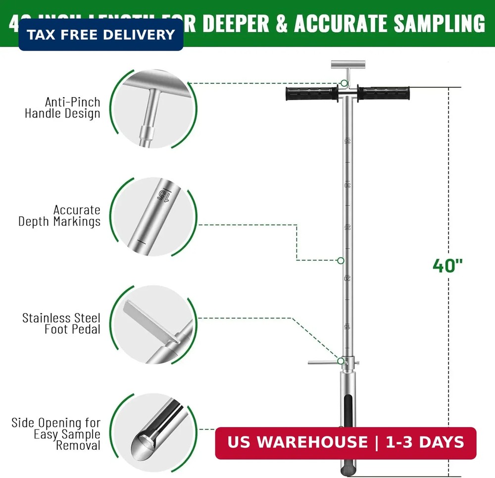 40 Inch Soil Sampler Probe, Stainless Steel Soil Core Sampling Tool with T-Handl
