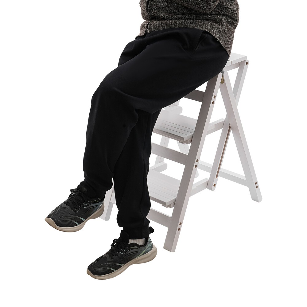 3-layer Folding Step Ladder Folding Wooden Step Stool Not Require Assembly White