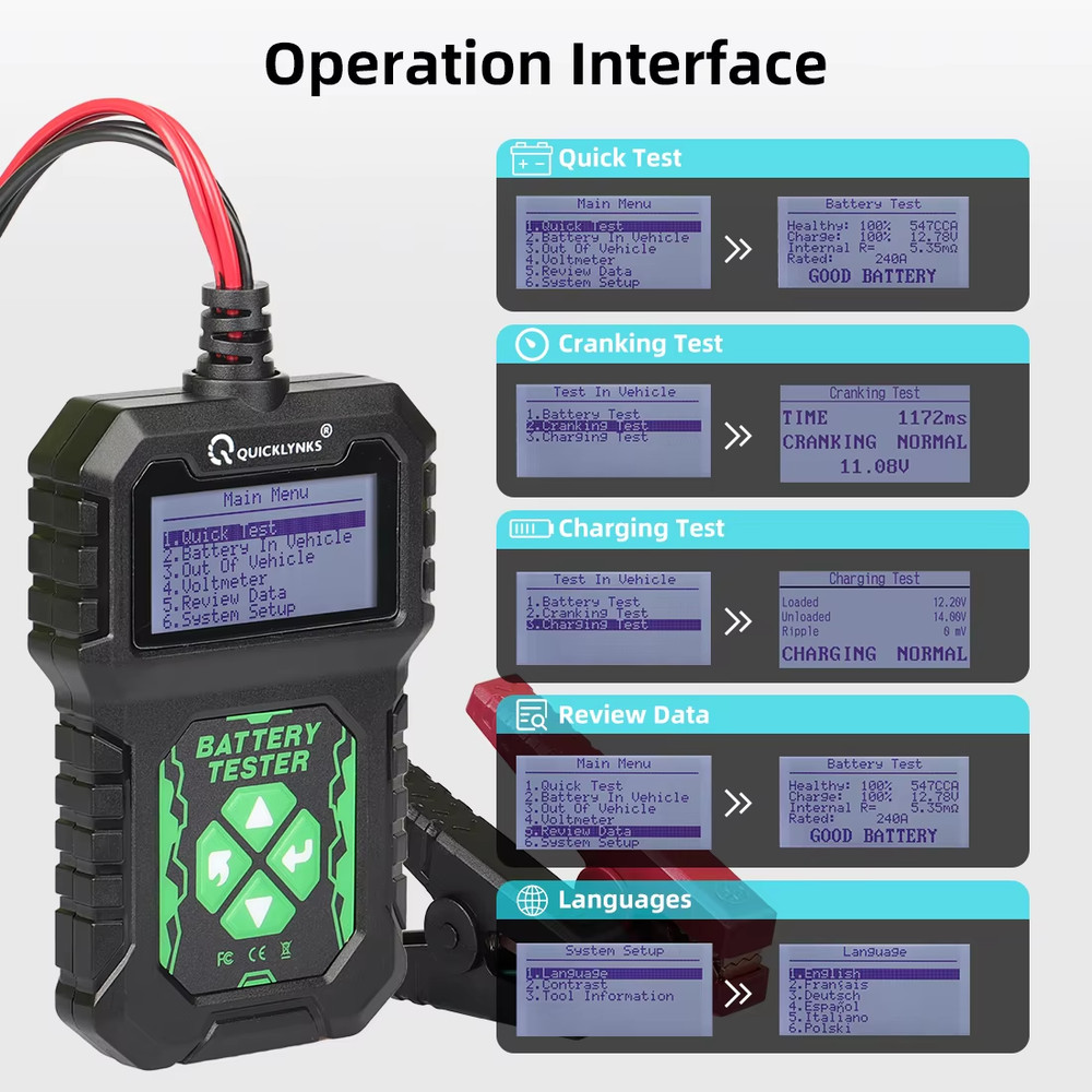 QUICKLYNKS BA107 100-2000CCA Car Battery Load Accuracy Tester Analyzer 12V Tool
