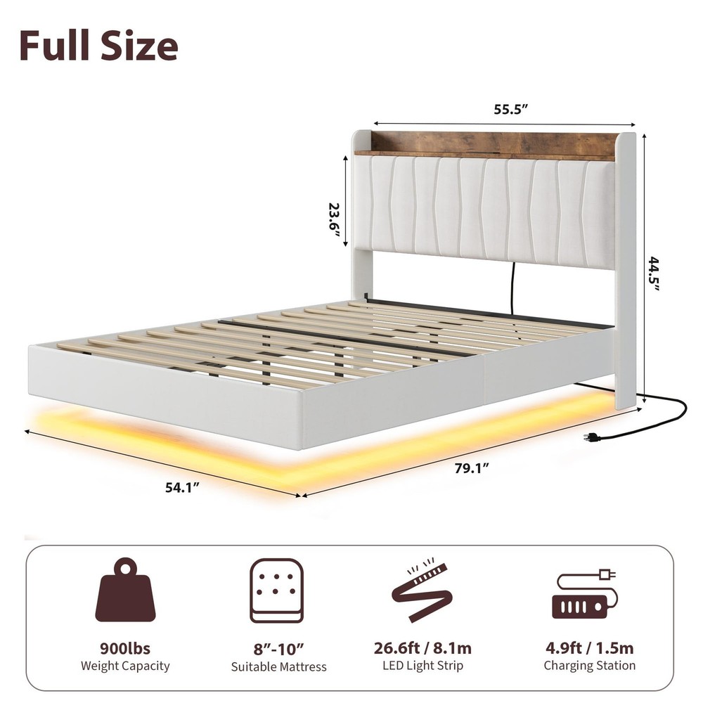 ✨Full Queen King Floating Bed Frame LED Upholstered Platform Headboard Storage