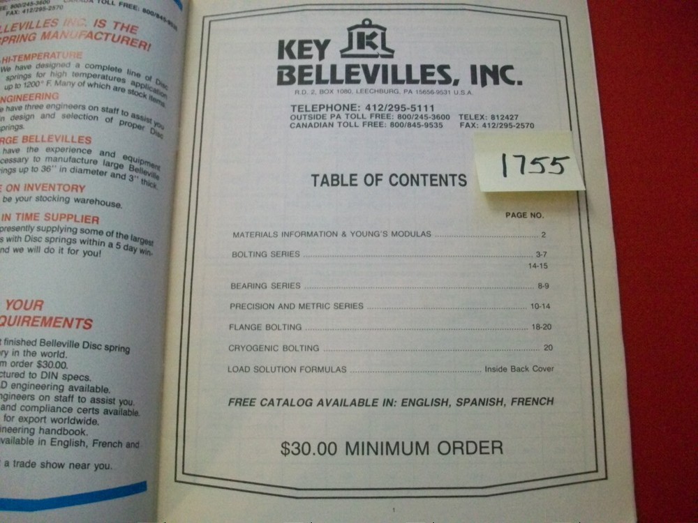 BELLEVILLE PRECISION DISC SPRINGS MANUFACTURERS CATALOG EXCELLENT REFERENCE VGC