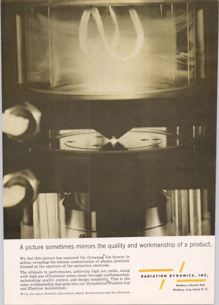 Radiation Dynamics Inc. 1962 Original Print Ad Dynamag Ion Source Plasma
