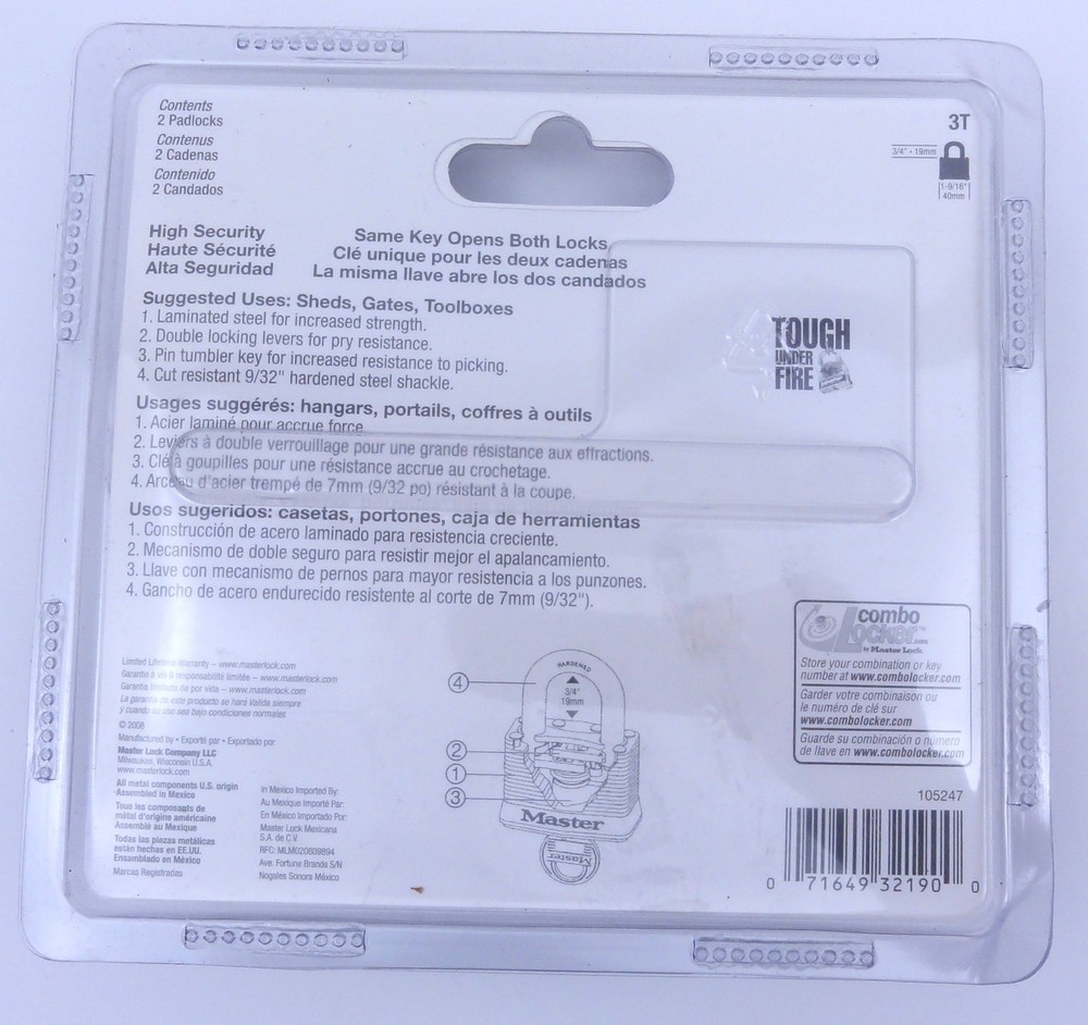 Master Lock Two Pack Padlock & Key Brand New Sealed Set 105247