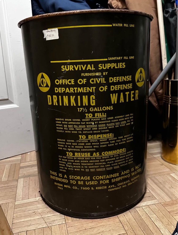 1960s Cold War Civil Defense Drinking Water Survival Metal Drum Barrel