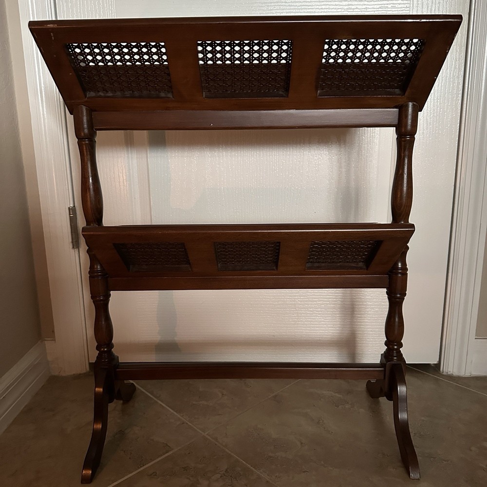MCM Woven Wicker & Solid Wood Library Book Trough Floor Stand - 2 Tier
