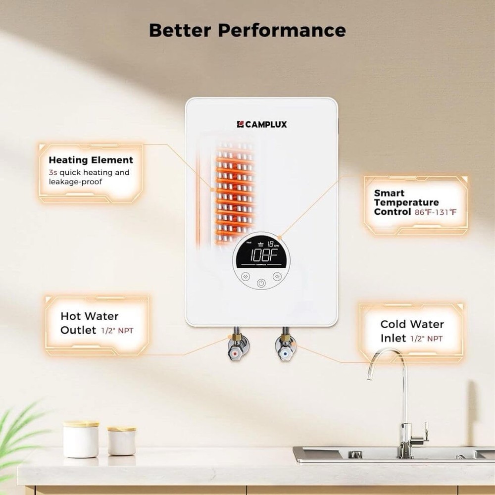 Camplux 4.5Kw Electric Tankless Water Heater Instant Hot Water, Led Display TE05
