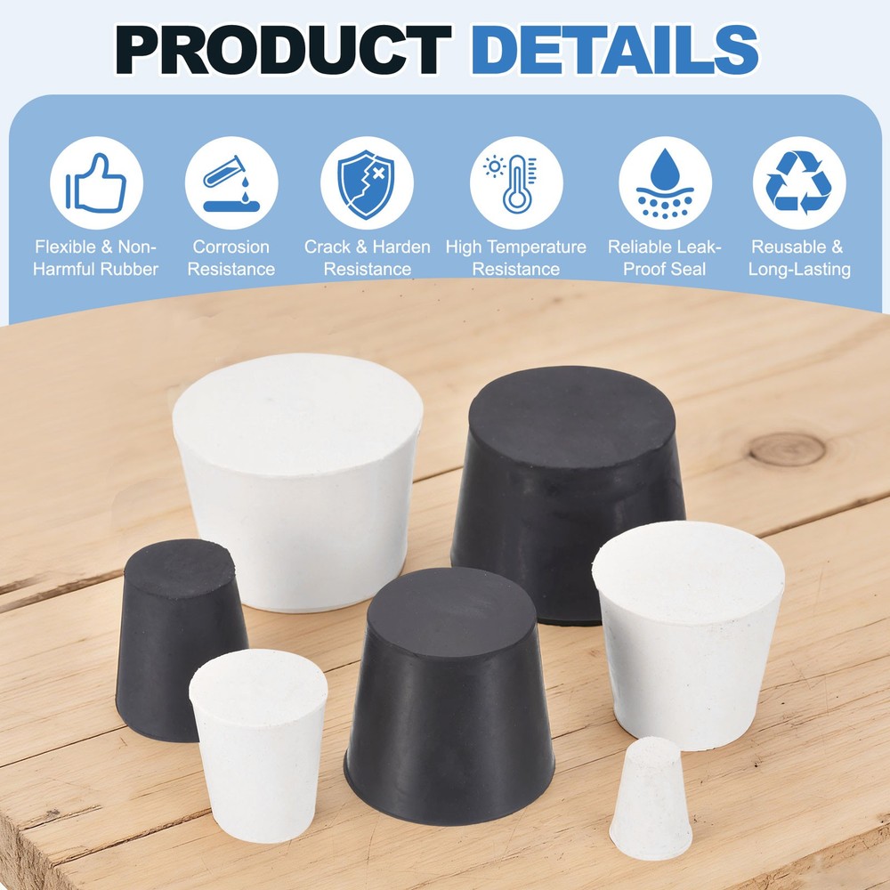 24 Pcs Solid Rubber Stopper Size 2#-21mm x 15mm - 26mm Long, Black/White
