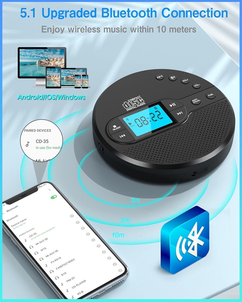 Portable CD Player with Bluetooth, Walkman CD Player with FM Transmitter Black