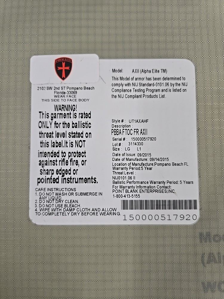 PB Alpha Elite AXII Soft Armor Inserts Large Front/Back