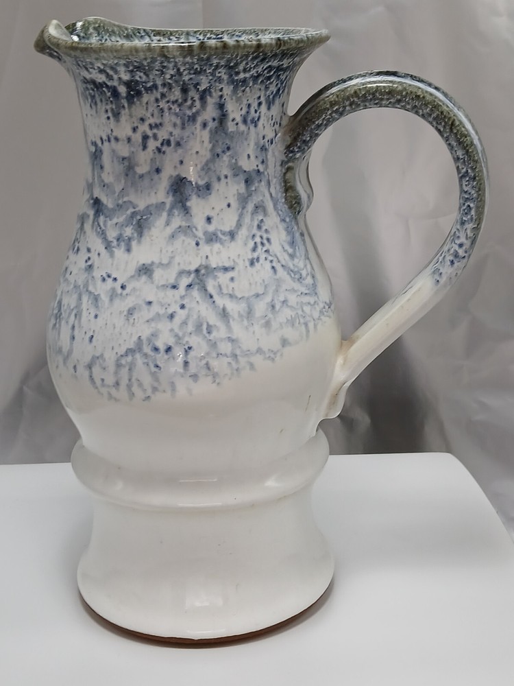 Pitcher Earthenware Pottery Handled White Blue Drip Glaze 9in