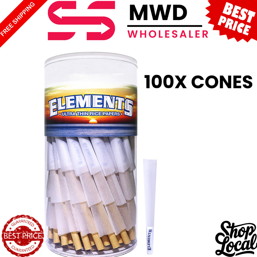 Elements Ultra Thin 1 1/4 Pre-Rolled Cones 100 Pack with Tips Slow Burning,