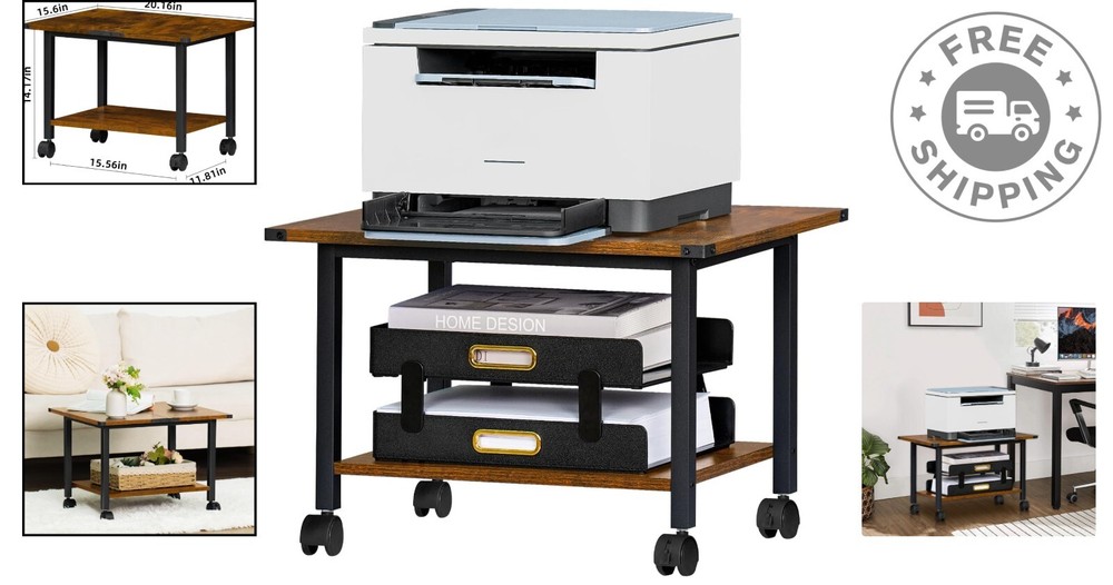 Compact Rolling Printer Stand with Rustic Finish - Easy Assemble & Versatile