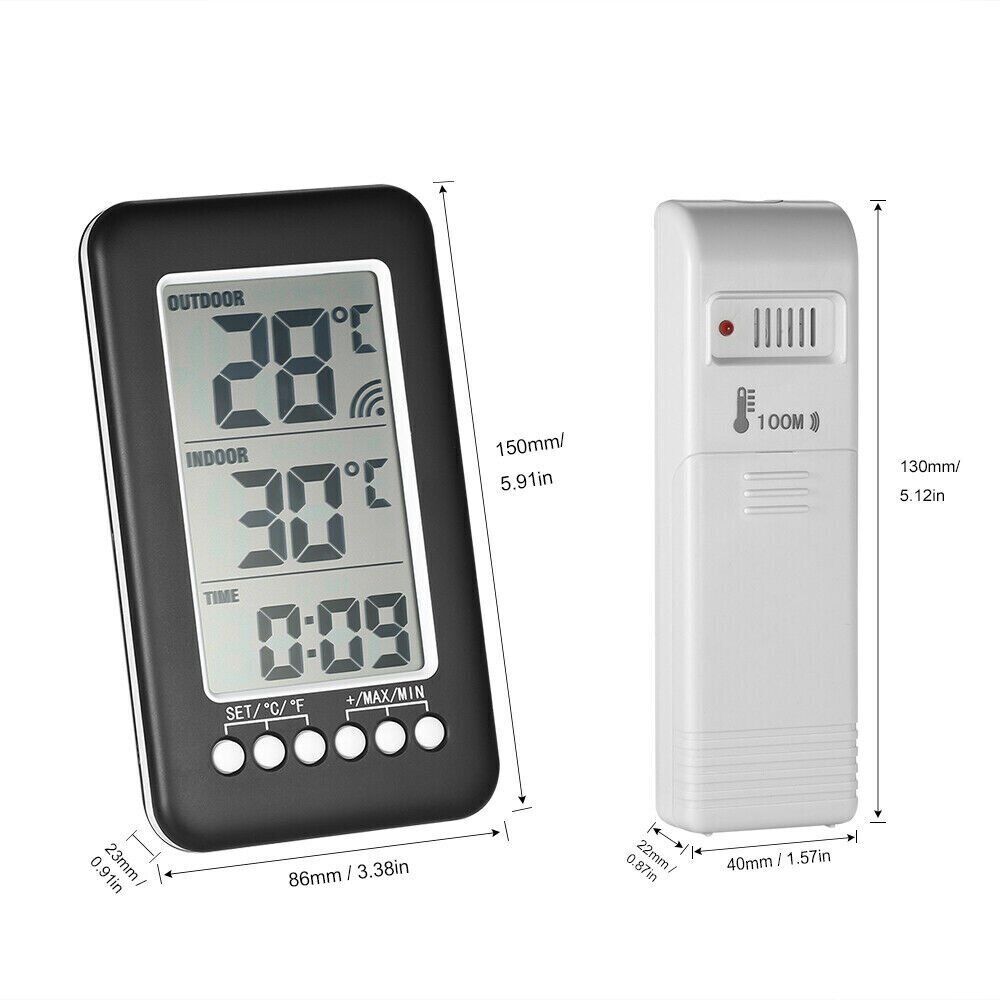 Digital Thermometer Clock Indoor/OutdoorTemperature Wireless Transmitter Meter