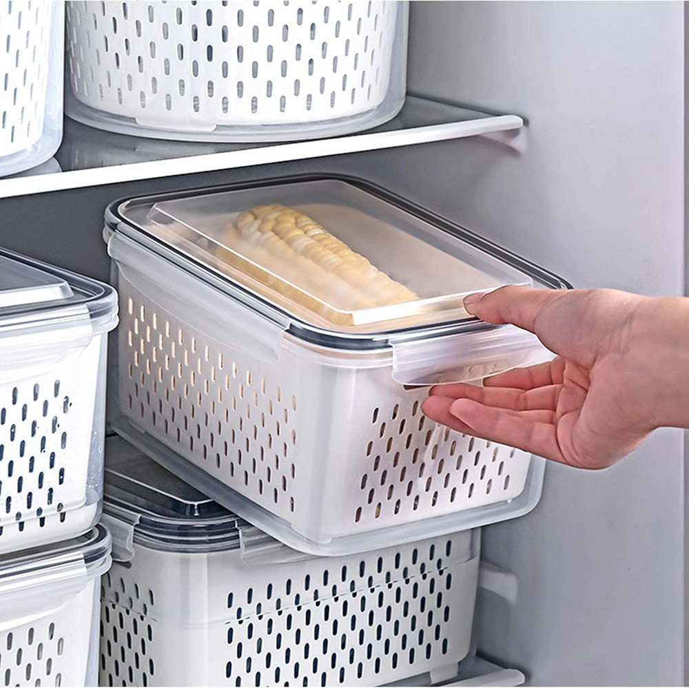 3Pack Fridge Food Storage Container Set with Lids with Strainer,Plastic Fresh Pr