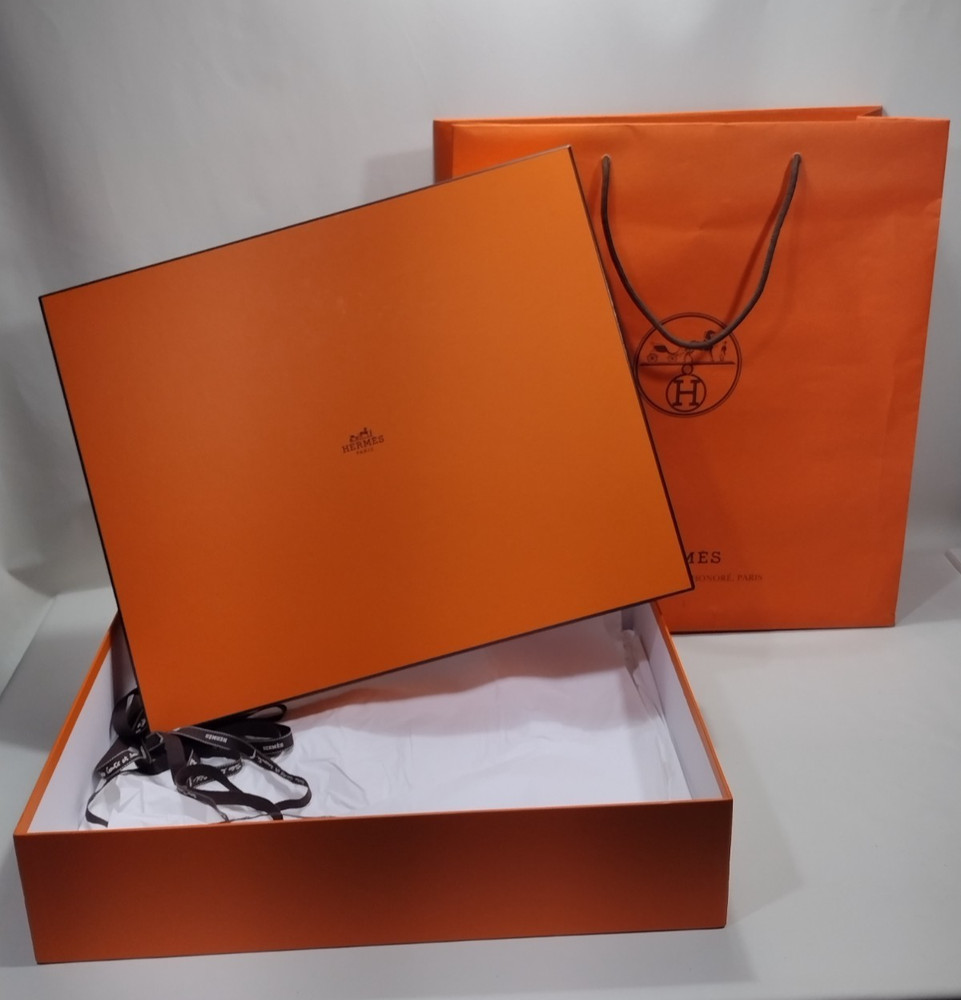 Authentic Hermes Empty Bag Box 18" X 15" X 4" (252) + Tissue + Ribbon + Gift Bag