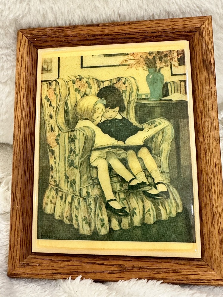 Framed Ceramic Tile Reading Hour 1920s Good Housekeeping Image
