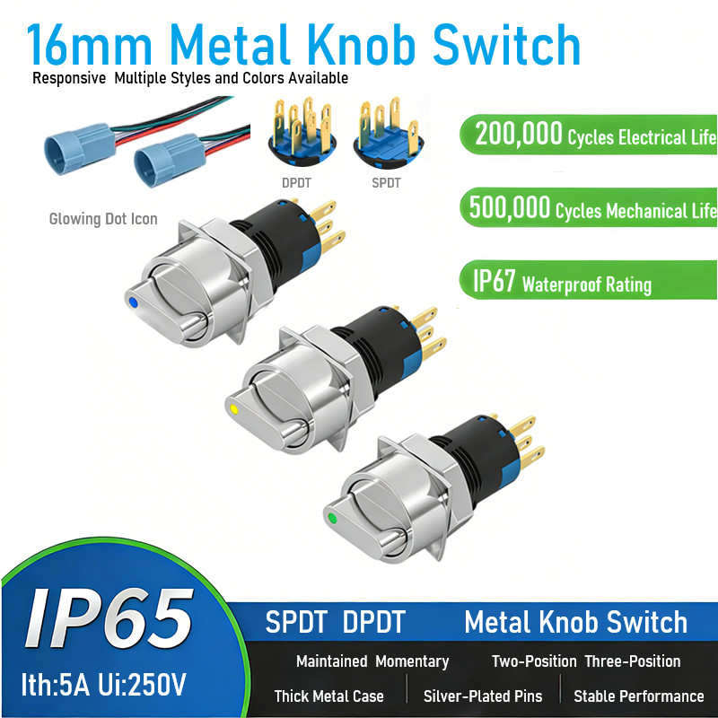 ‌16mm Dot Illuminated Rotary Switch 5A 250V 2/3-Position Selector Control Knob