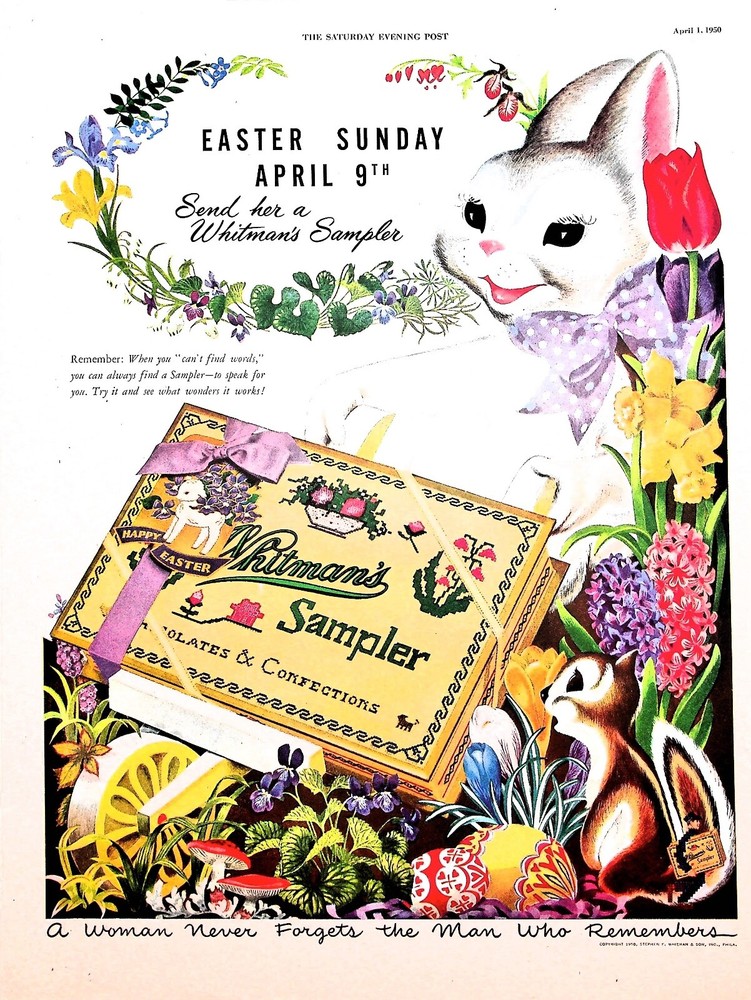Original 1950 Whitman's Sampler Ad: Waster Bunny; Easter Sunday`