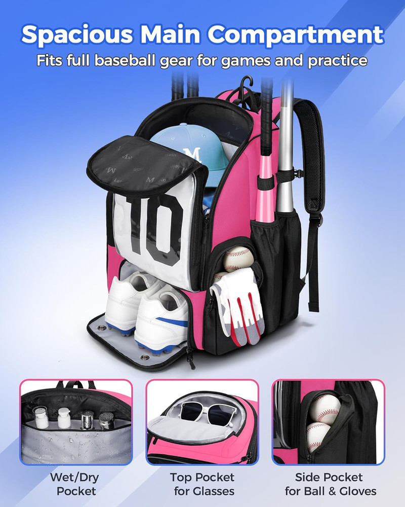 PRO Softball Bat Backpack for 4 Bats with Transparent Front Pocket & Folding Boa