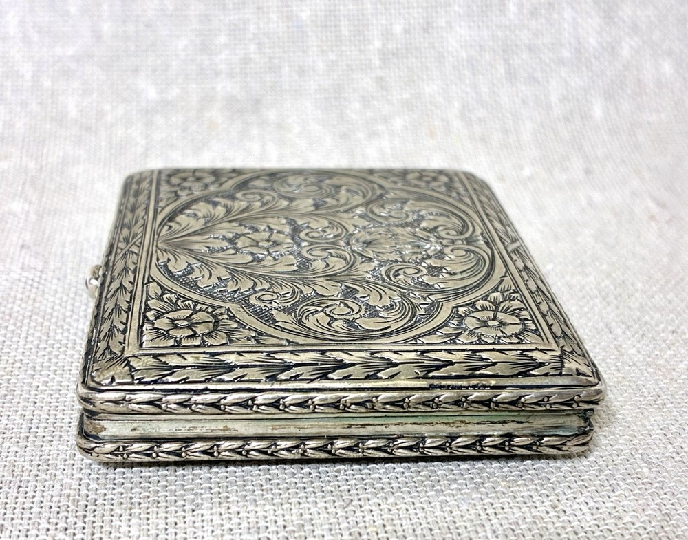 Antique 800 Silver Engraved Cigarette Case Snuff Trinket Box Ruby Clasp 86g