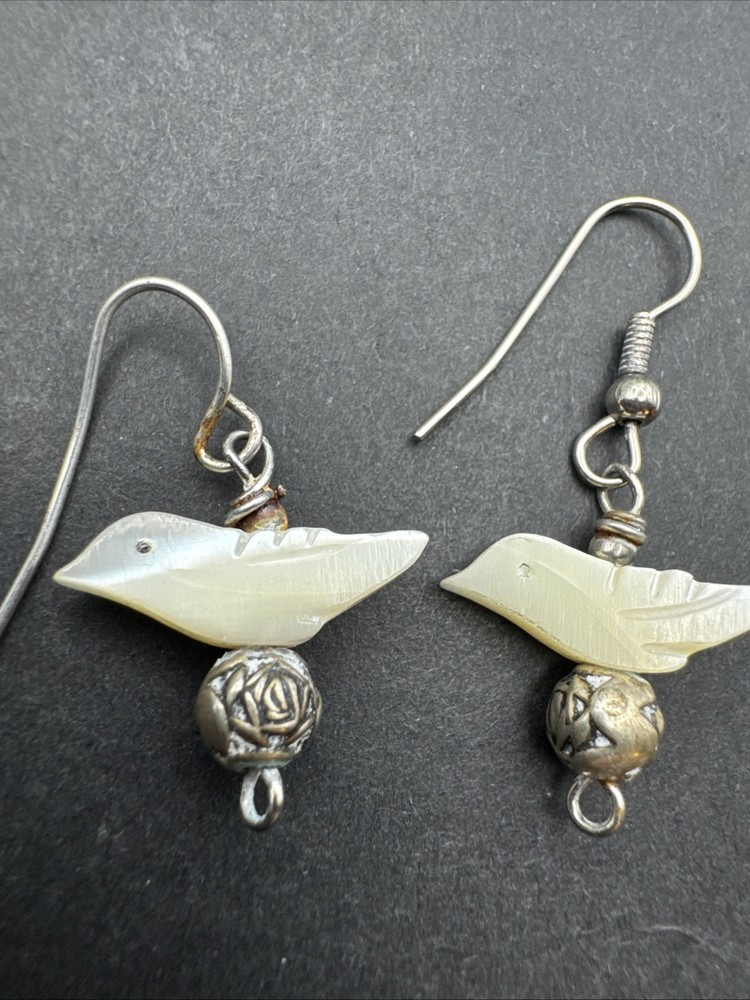 Native Inspired Dangle Drop MOP Bird 1” Earrings Silver Tone