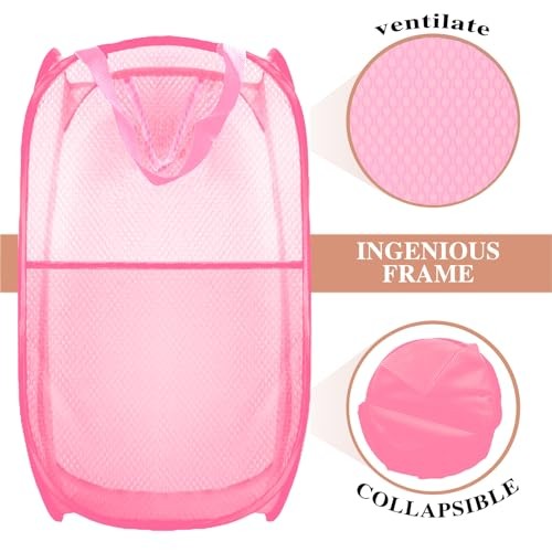 Collapsible Pop Up Laundry Hamper, Extra Large Mesh Foldable 2P Black+Pink