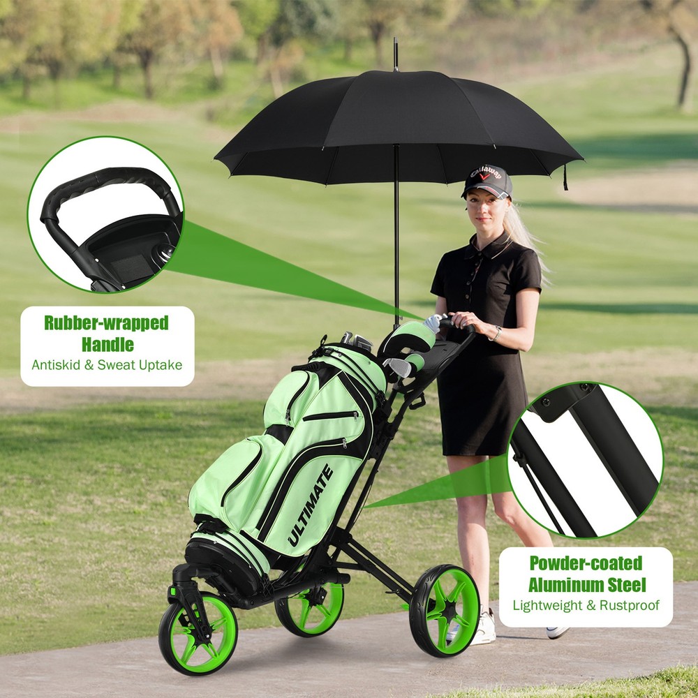 3 Wheels Foldable Golf Push Pull Cart Trolley w/ Adjustable Handle Brake Green