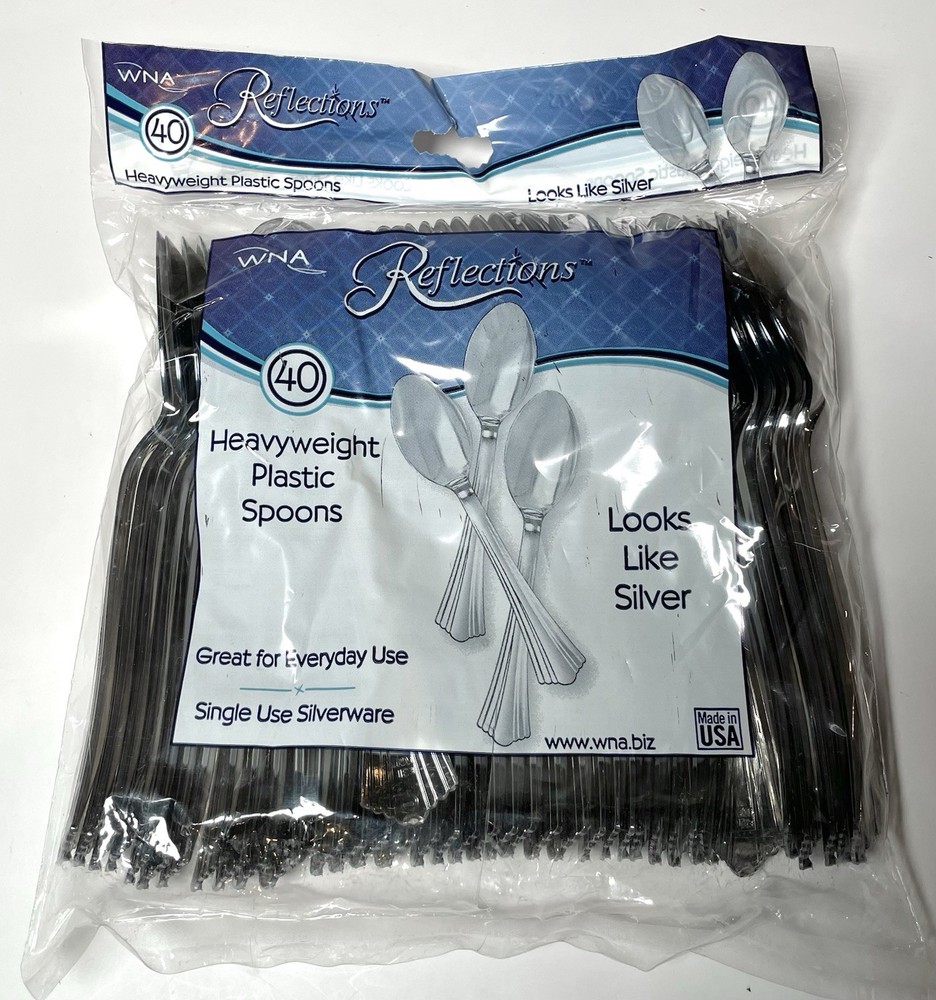 WNA Reflections Disposable Plastic Silver Teaspoons 8/40 Spoons (320 Count)