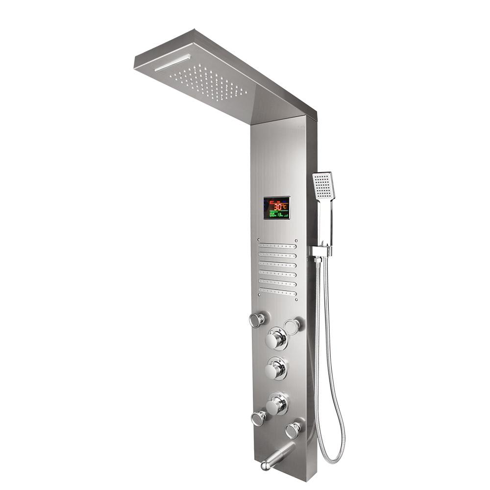 Bathroom Wall Mount Brushed Massage Jets Shower Panel LED Digital Column Faucet