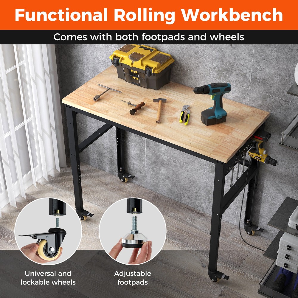 48" Adjustable Workbench w/ Power Outlet Universal Lockable Wheels Workshop