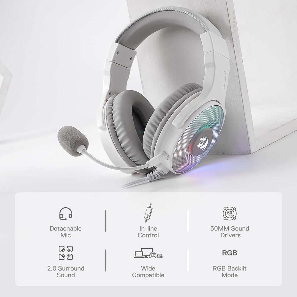Redragon H350 White Wired Gaming Headset, Dynamic RGB Backlight