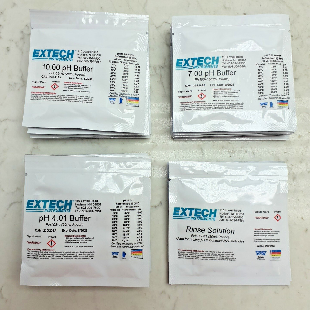 Extech PH103 Tripak Buffer Pouches 4  7 & 10pH + Rinse Solution Calibration Kit