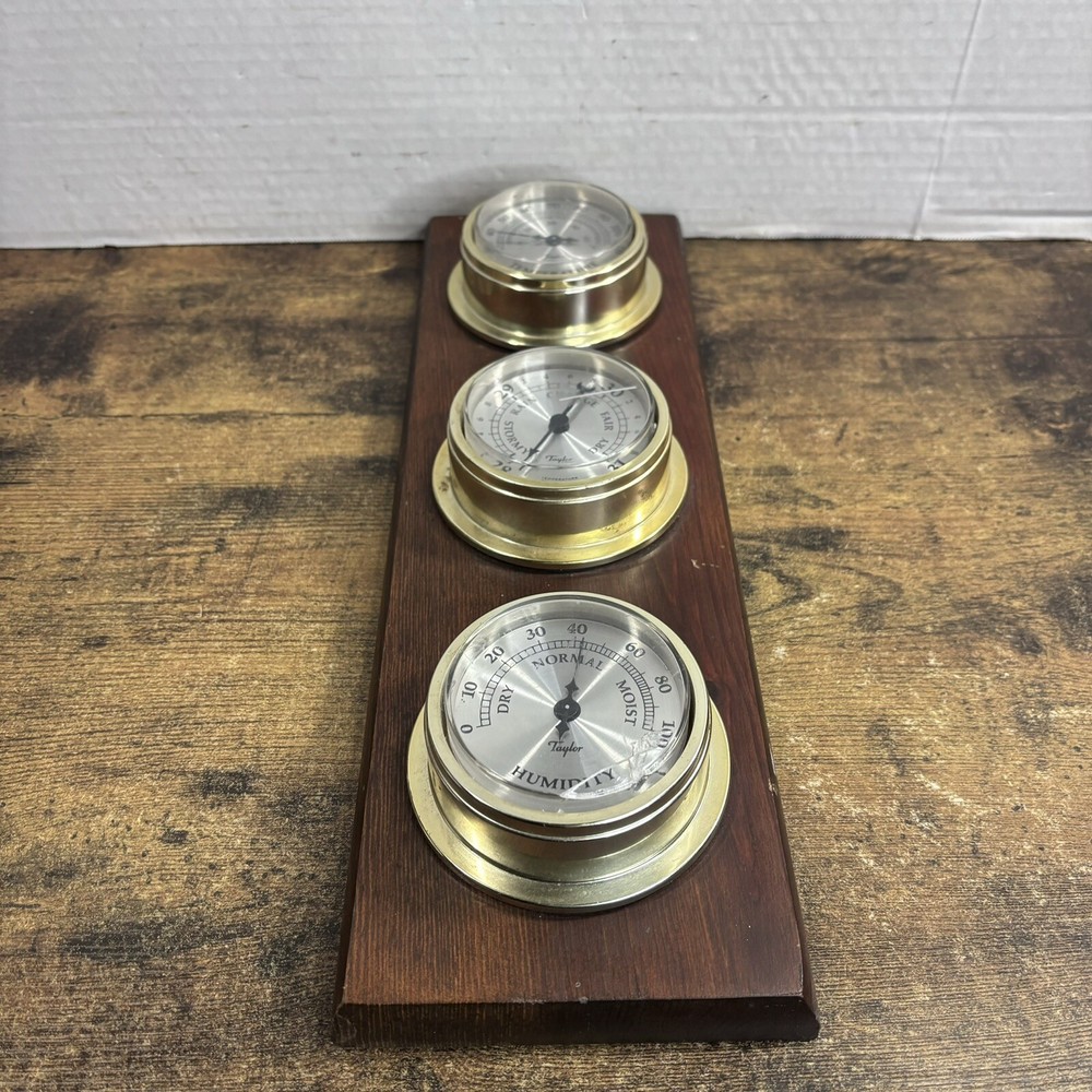 Vintage Taylor Thermometer Hygrometer Weather Station Combo On Solid Oak Panel