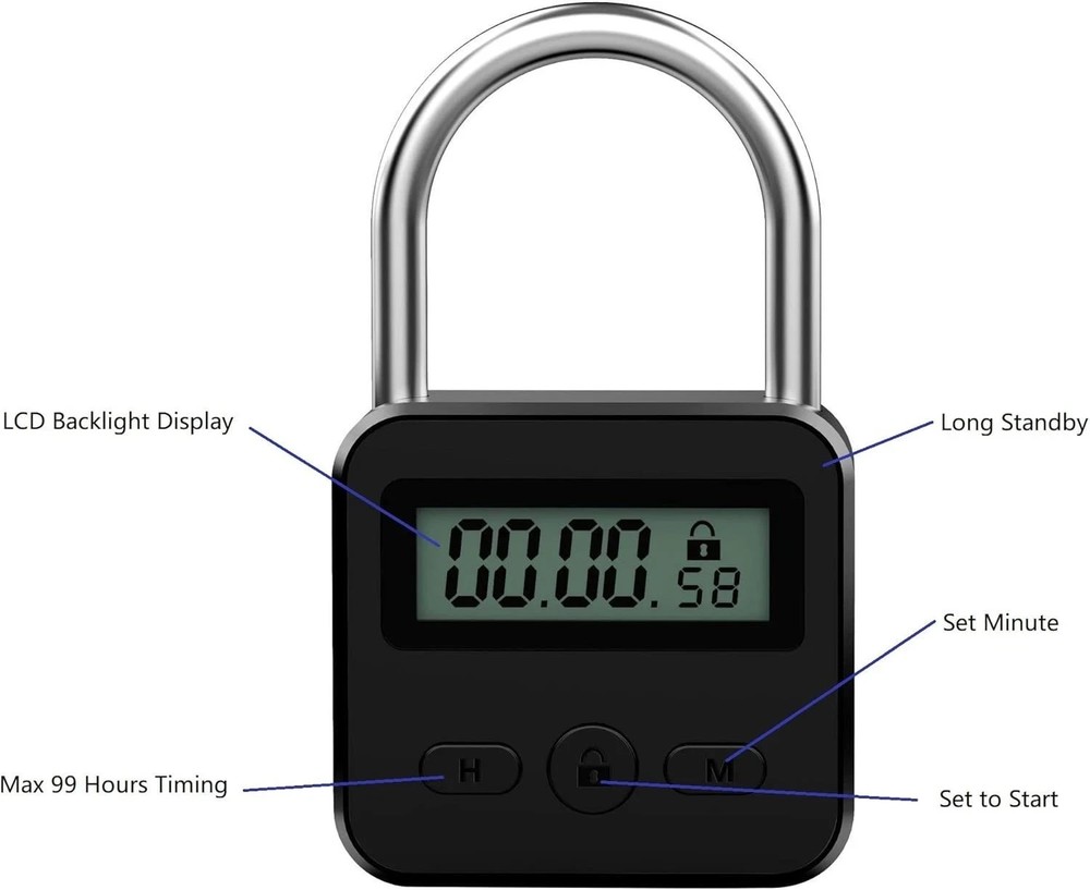 Metal Timer Lock - Electronic Time Padlock with LCD Display - USB Rechargeable (