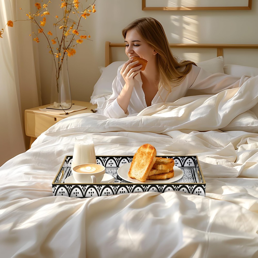 Plastic Serving Tray with Handles Rectangular Black Flower Pattern 15.8x11.8 In