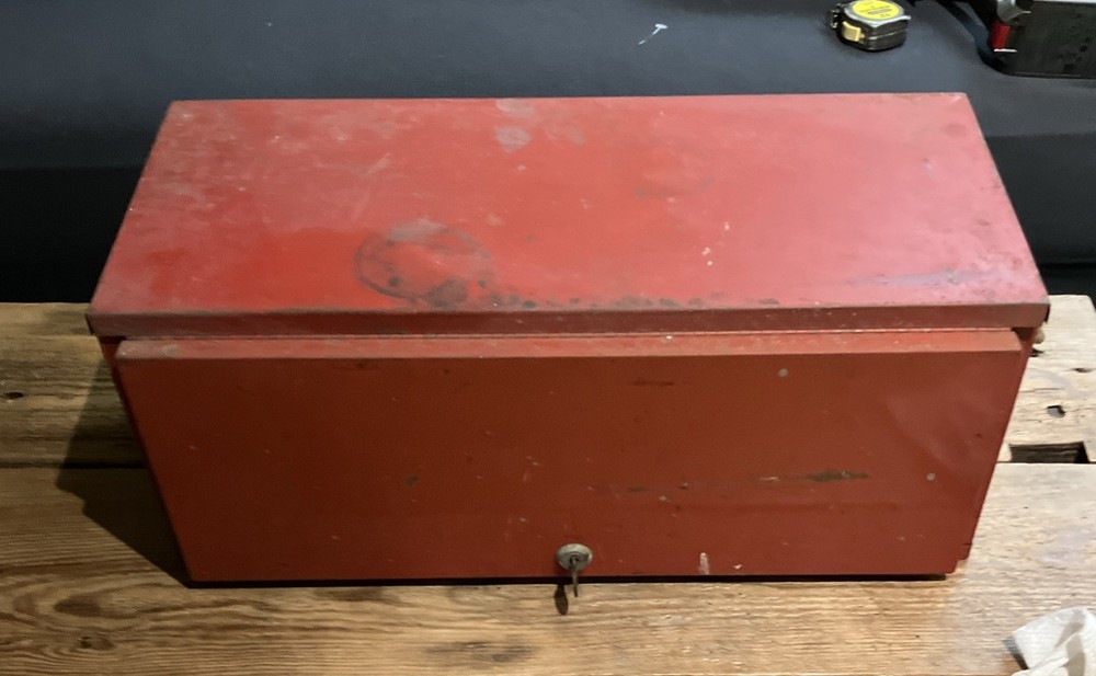 Red Metal Vintage Locking Tool Box With Key