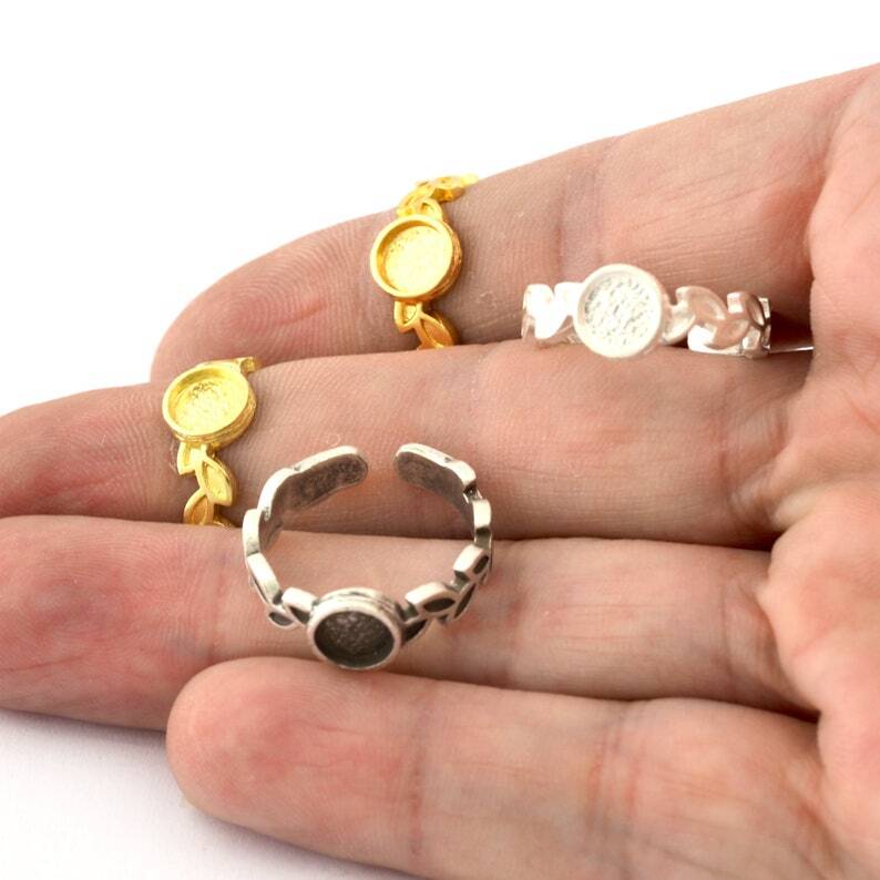 Leaf Band Ring,Bezel Setting Blank Raw Brass,Antique-Shiny silver 5413