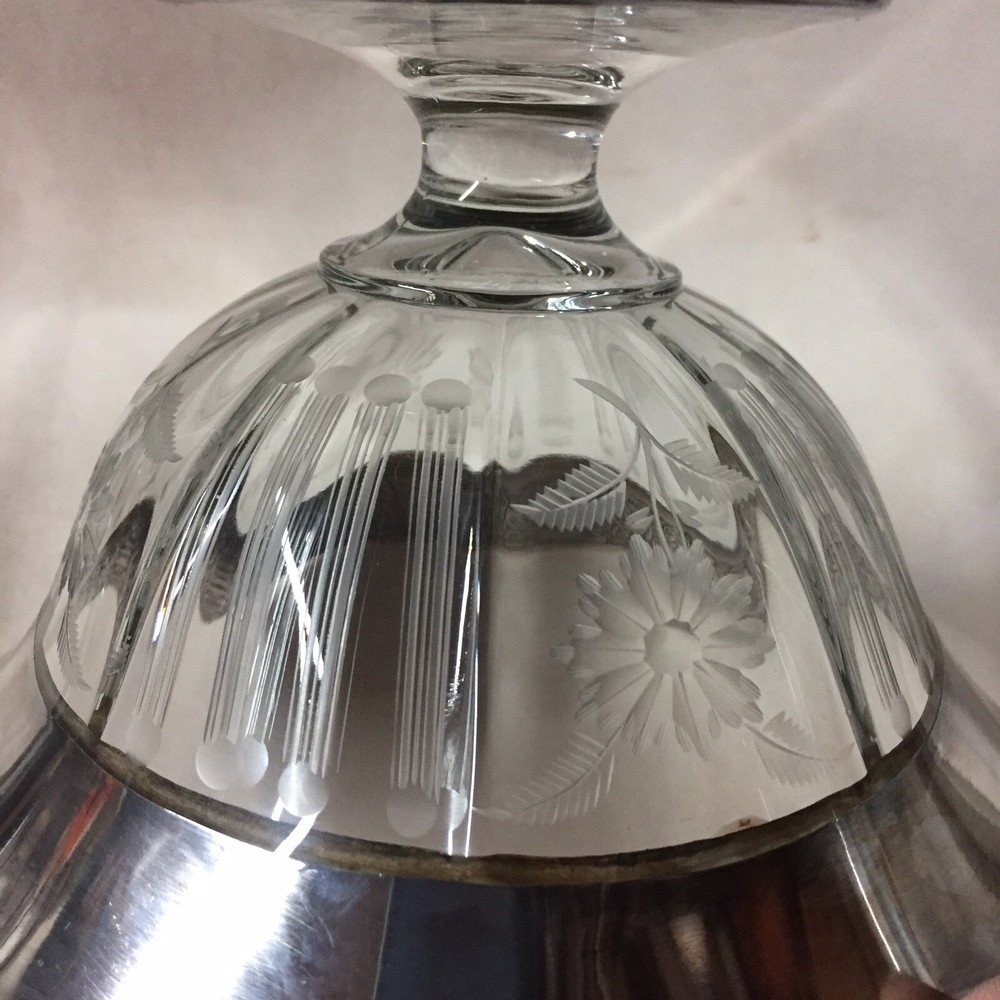 Antique Sterling Silver Etched Glass Compot Dish 7”