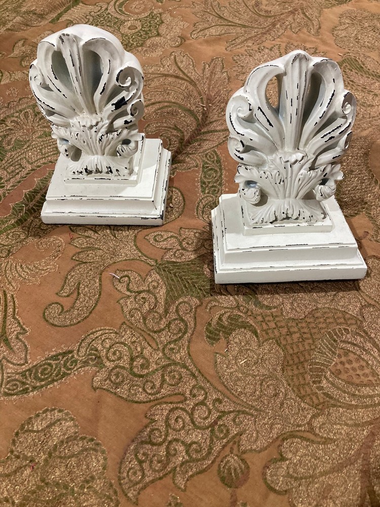Vintage Whashed White-Toned  Shell Bookends – Ornate Scroll Base – 6.5" Tall