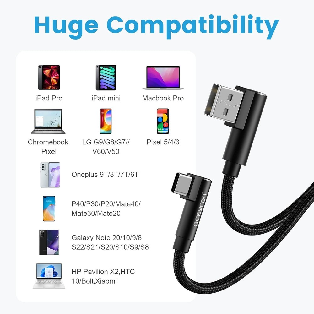 aceyoon [3 Pack Right Angle USB Type C Charger Cable, 0.6ft Braided 90