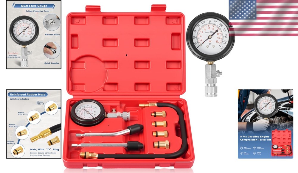 Versatile Engine Compression Tester for Automotives & Motorcycles - 8 Piece Set