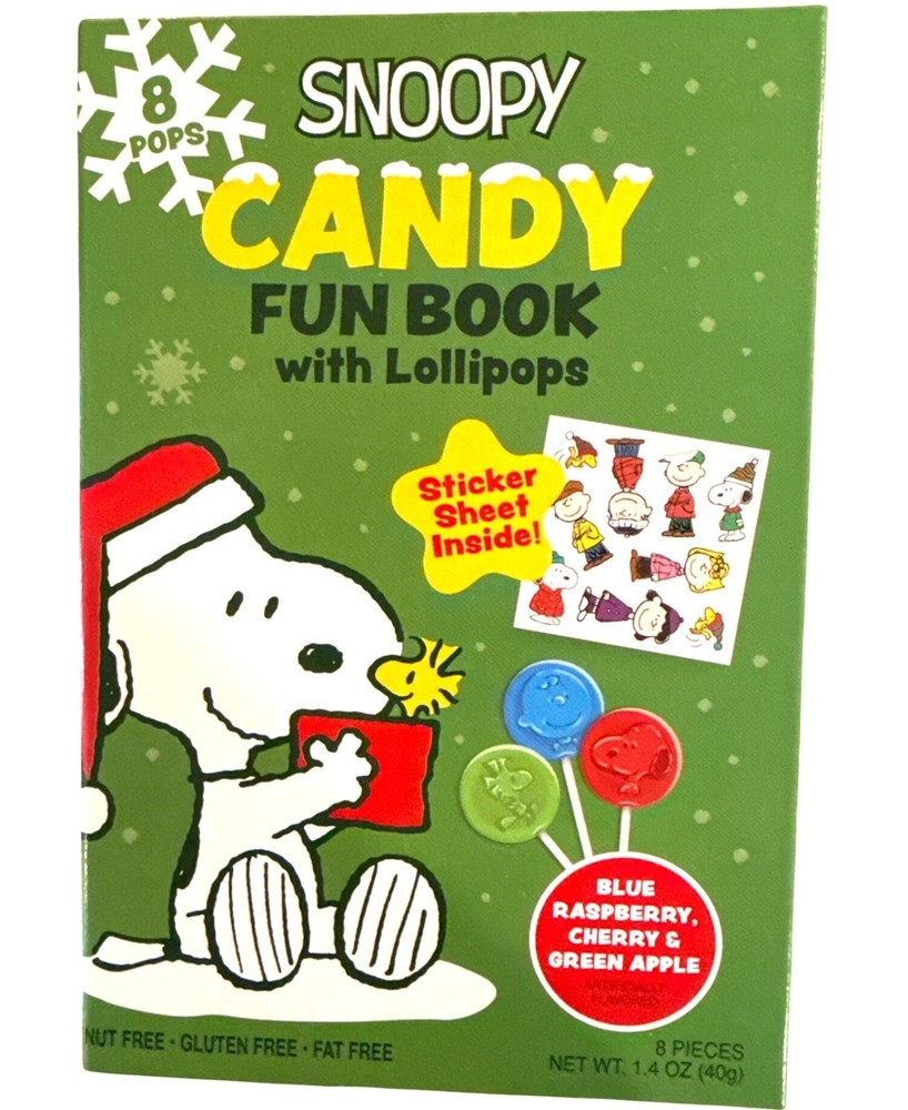 1.4oz SNOOPY Candy Fun Book/Box+8 Lollipops+Sticker Sheet RASPBERRY+CHERRY+APPLE