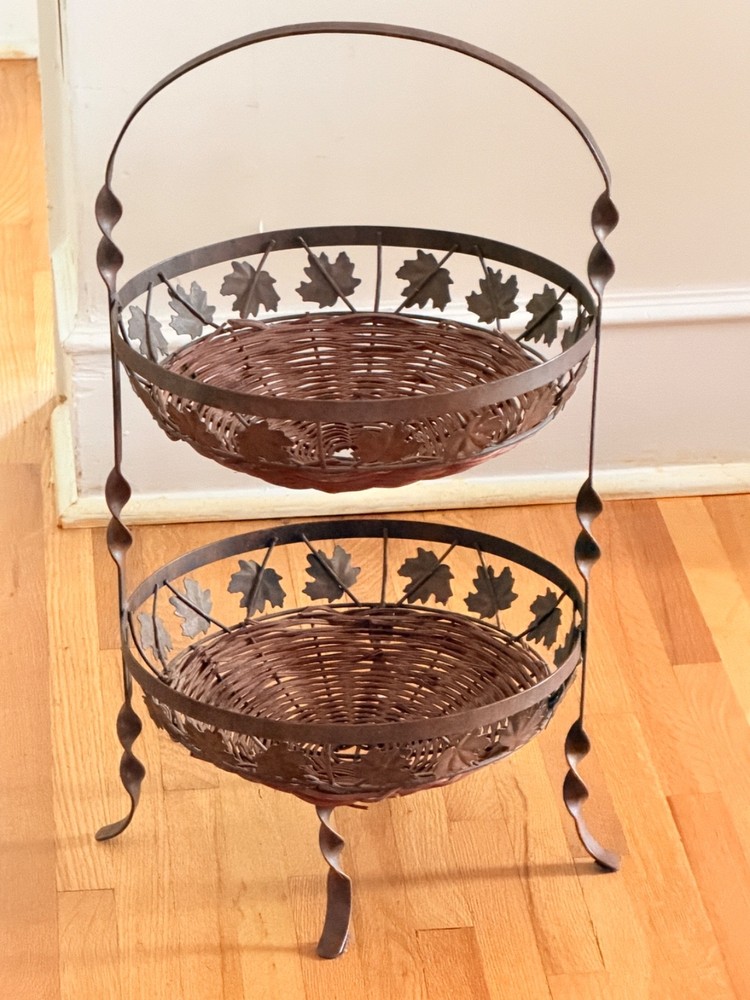 Two Tiered Iron Leaf and Wicker Basket Stand with Bowl Baskets